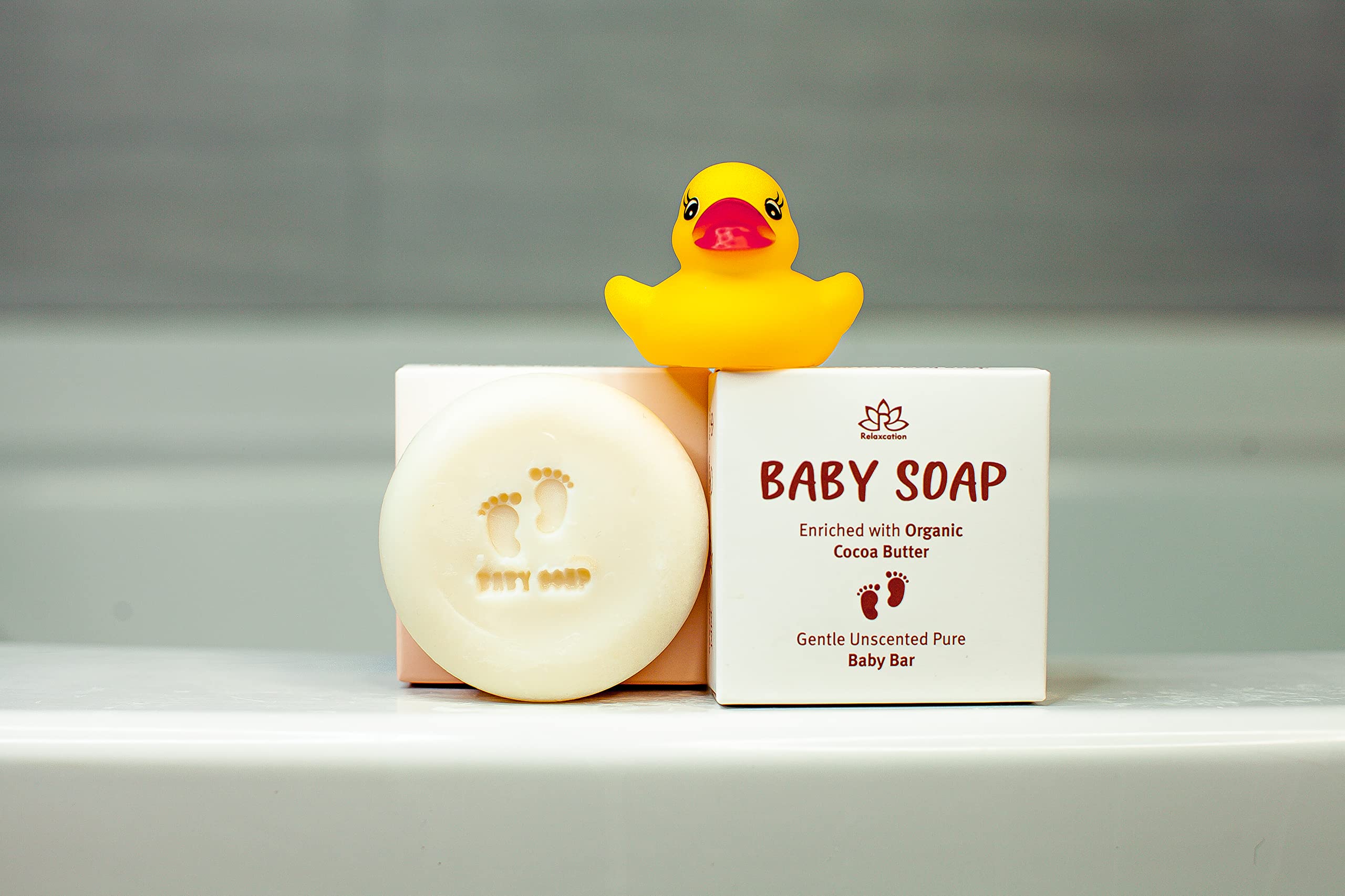 Relaxcation Organic Unscented Baby Soap Bar made in USA stamp indicates trusted production.