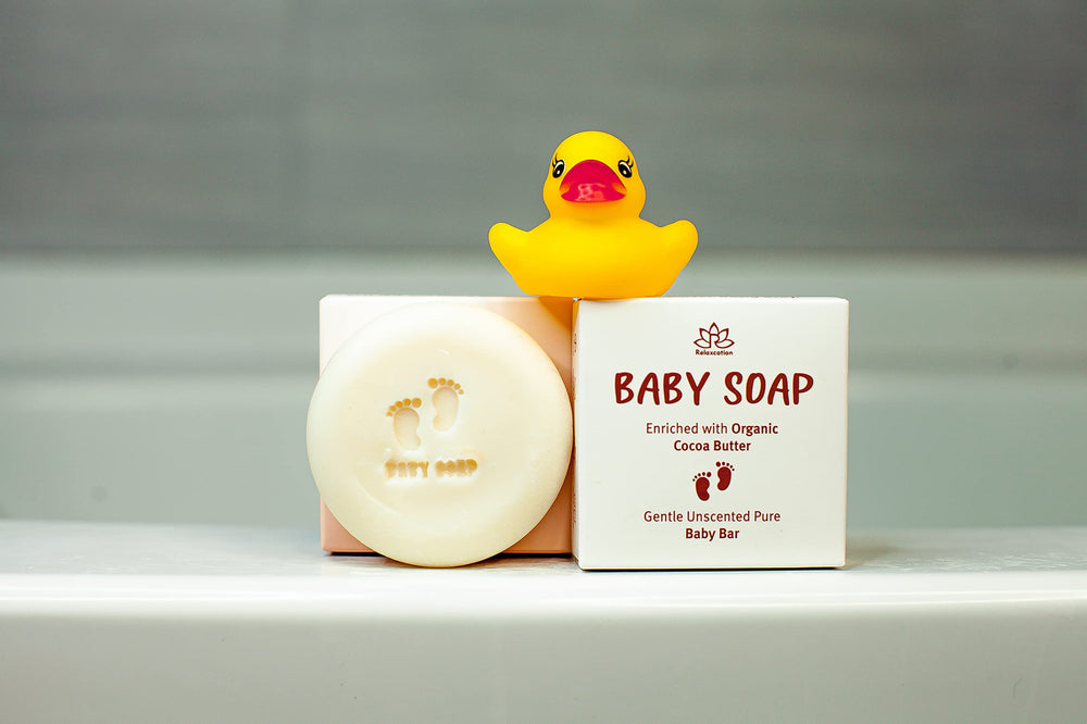 Relaxcation Organic Unscented Baby Soap Bar made in USA stamp indicates trusted production.
