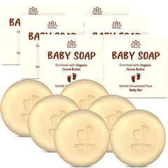 Relaxcation Organic Unscented Baby Soap Bar packaging shows gentle cleansing for newborns.