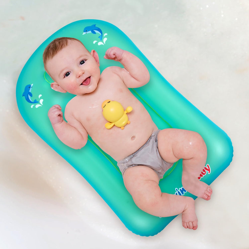 Relaxing Baby tub’s soft-touch material stays warm in water for comfort.