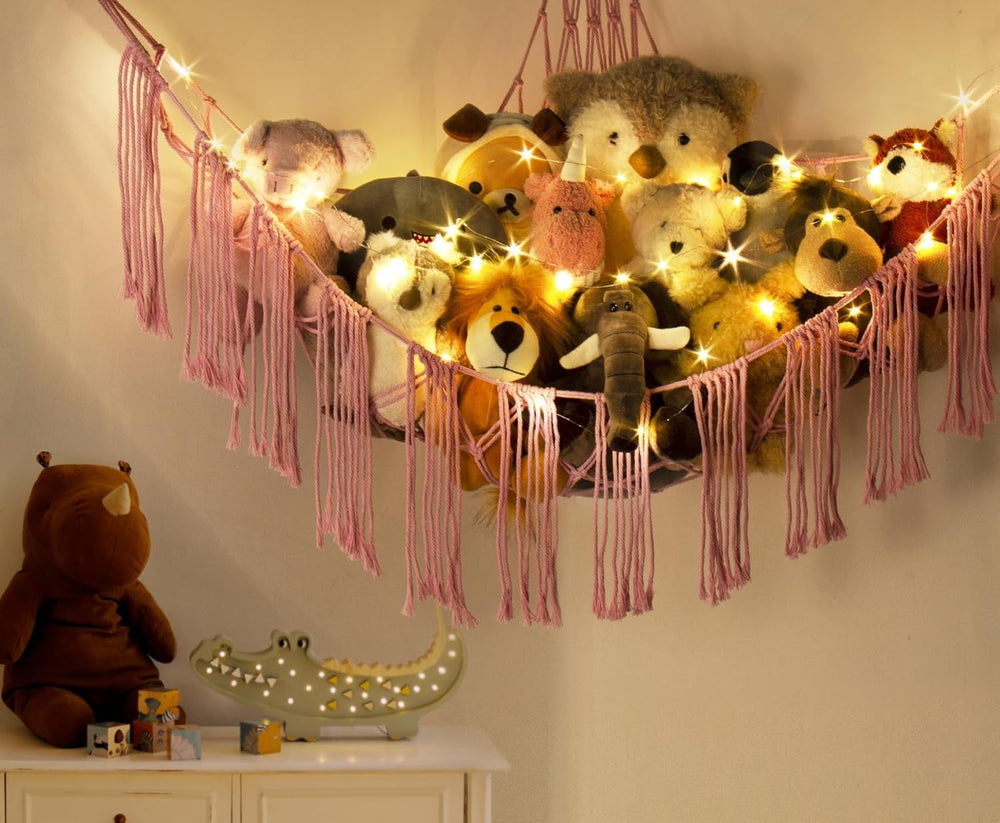 RelaxScene kids' room decor with hanging toy hammock for easy cleanup