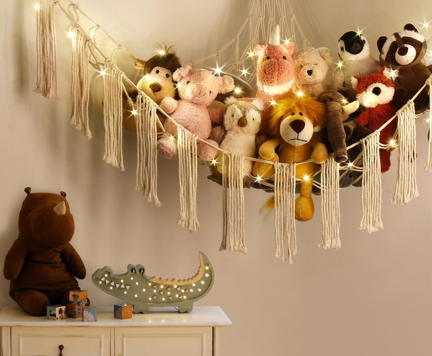 RelaxScene plush hammock display creates a playful, organized toy corner.