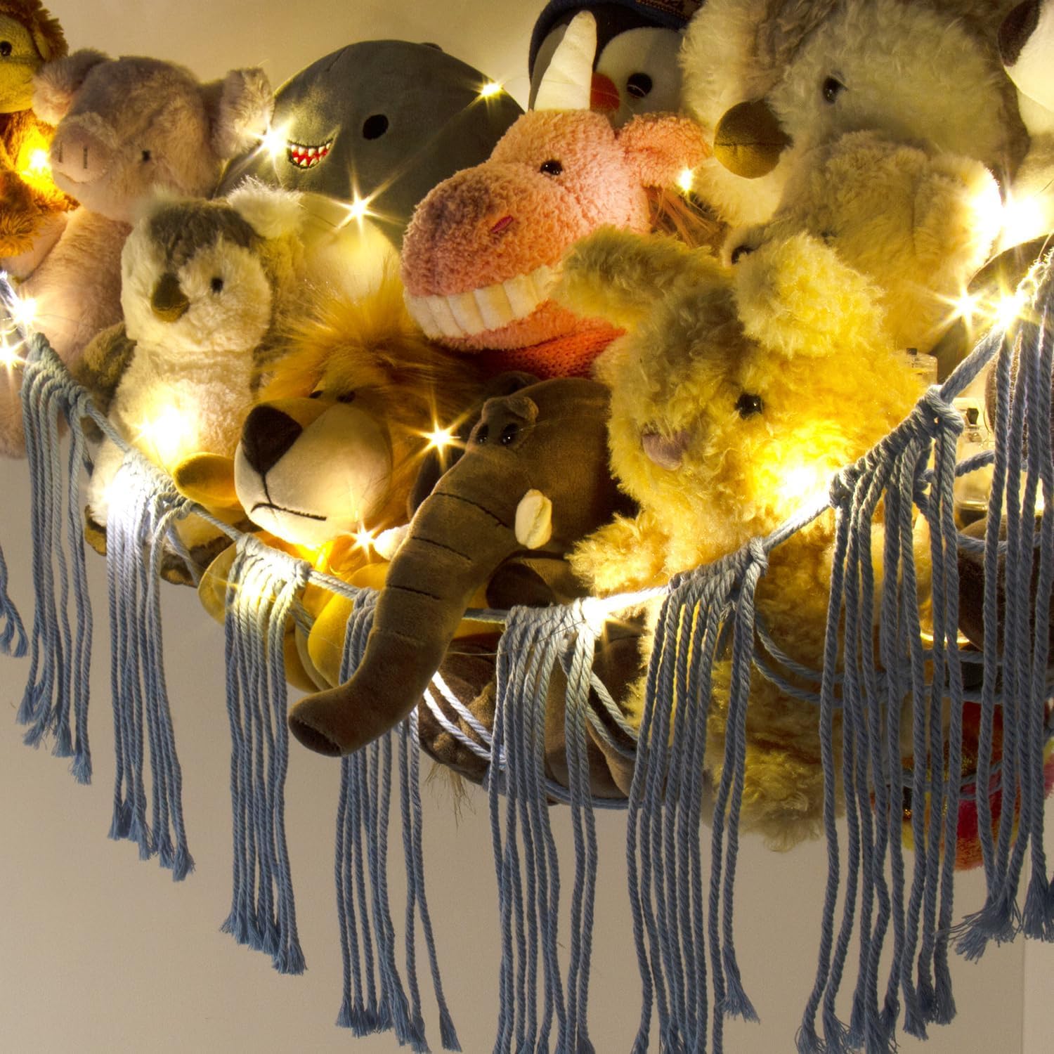 RelaxScene plushies displayed in boho decor enhances a playful room vibe.