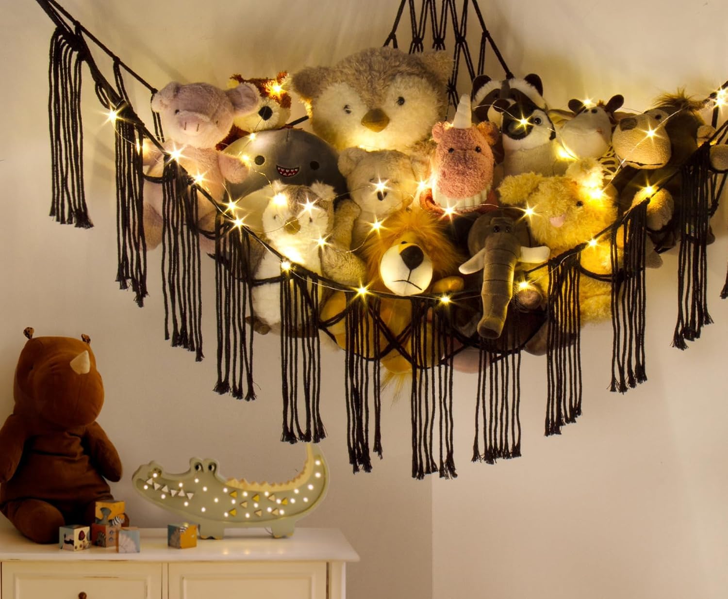 RelaxScene plush storage hammock filled with cozy plushies adds playful nursery decor