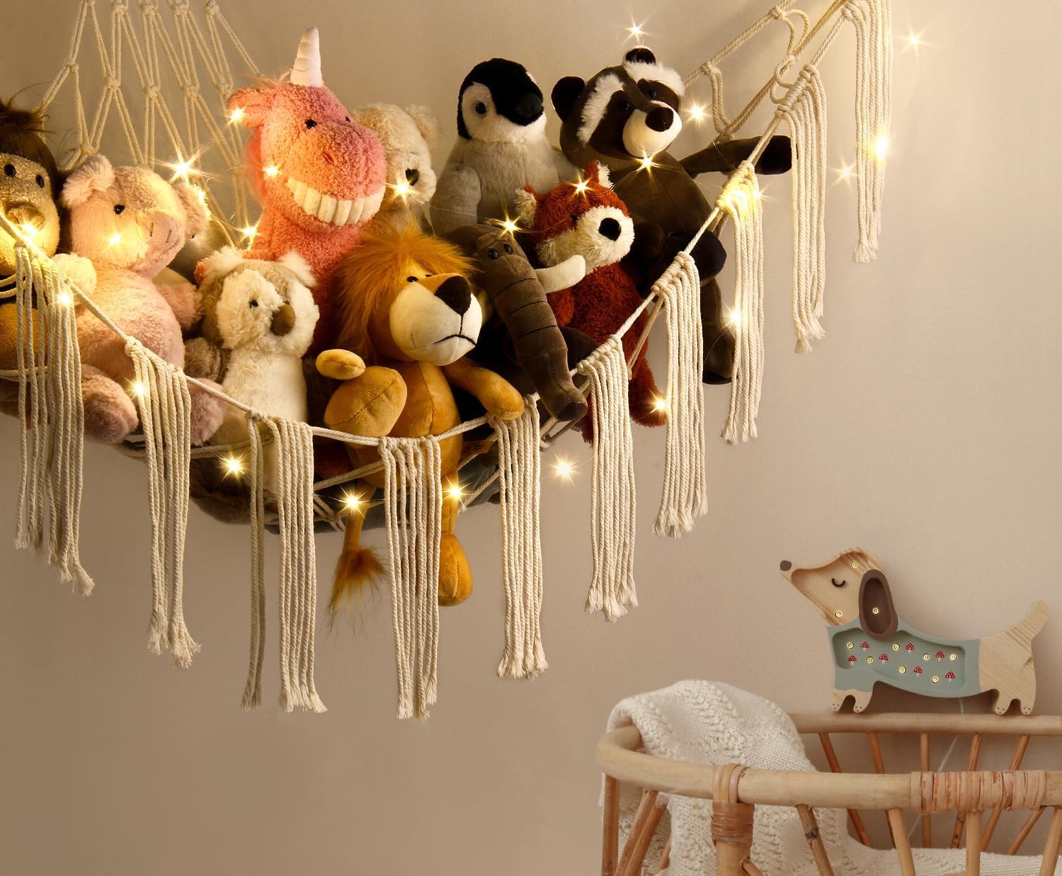 RelaxScene stuffed animal hammock LED light adds cozy night ambience.