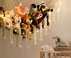 RelaxScene stuffed animal hammock LED light adds cozy night ambience.