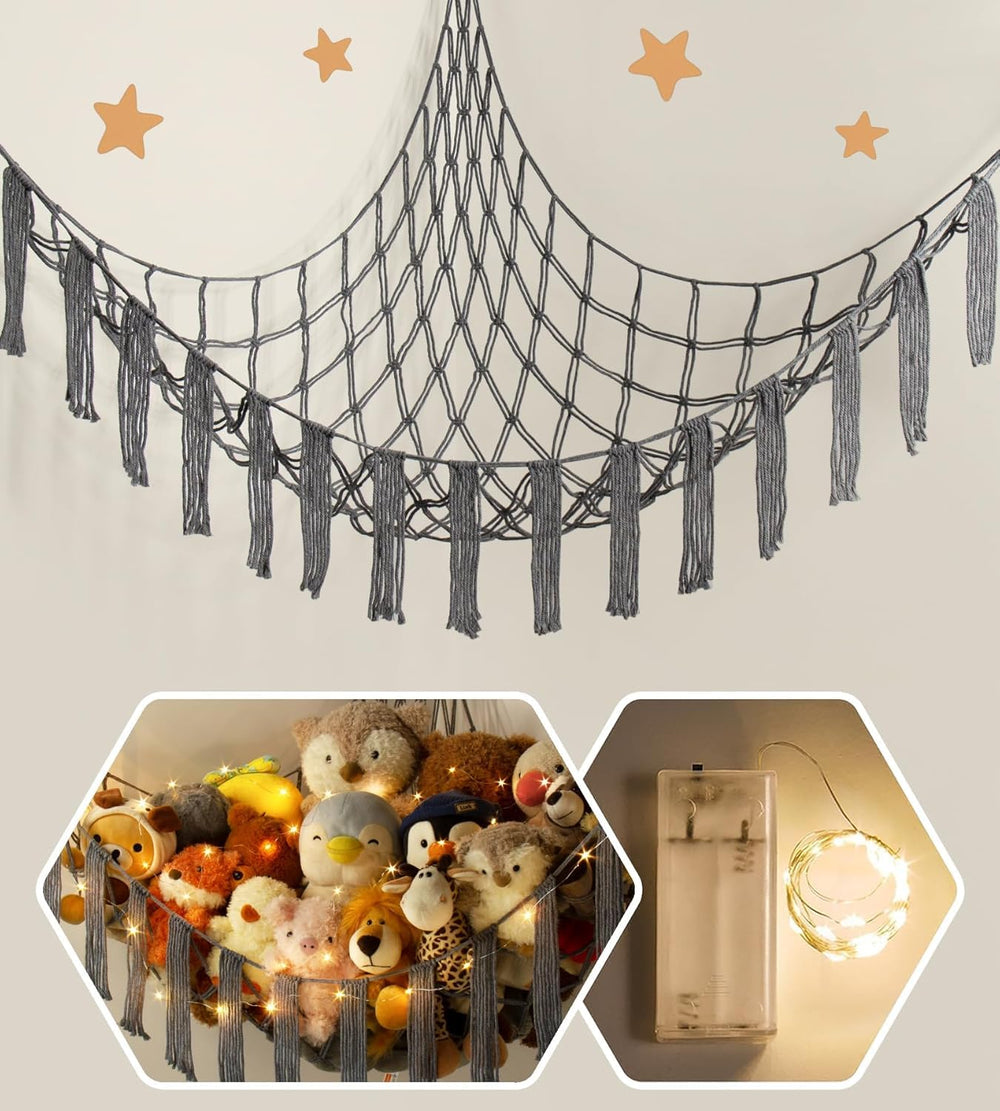 RelaxScene stuffed animal hammock LED-light view highlights cozy, organized kids' toys at night.