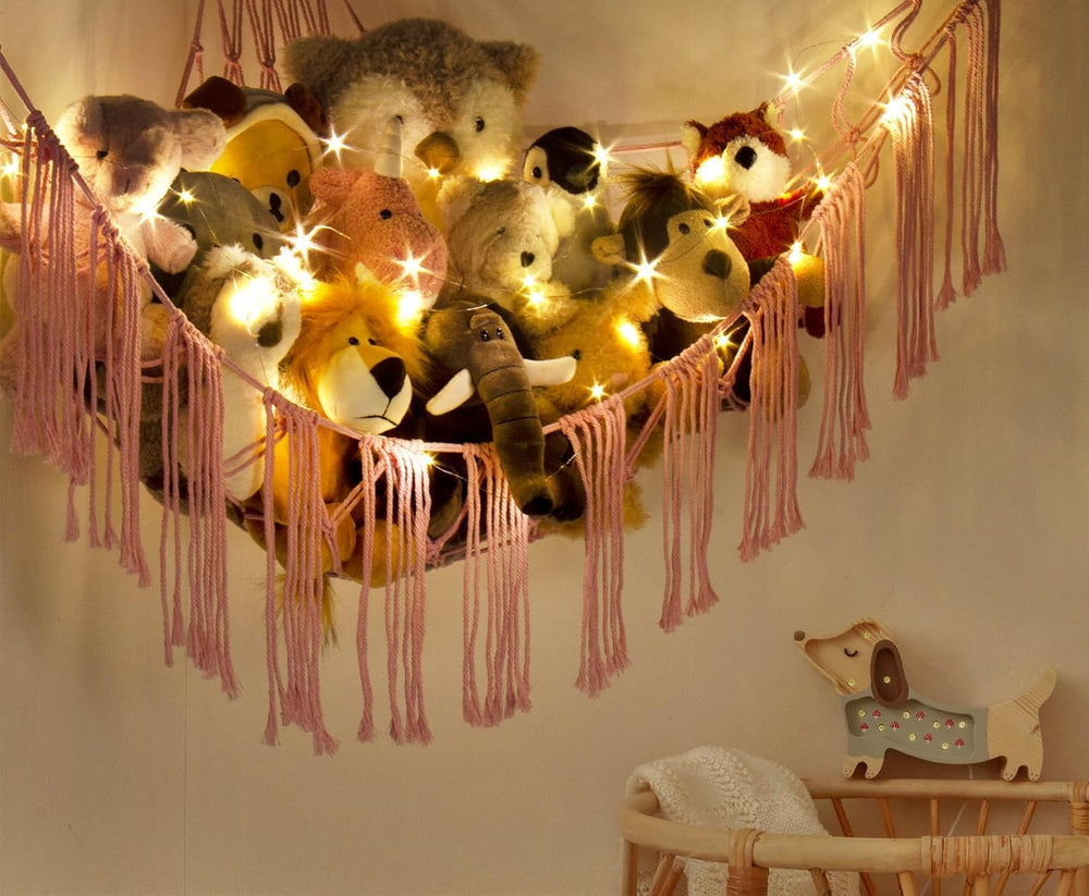 RelaxScene XL stuffed animal hammock in use to maximize space and display toys