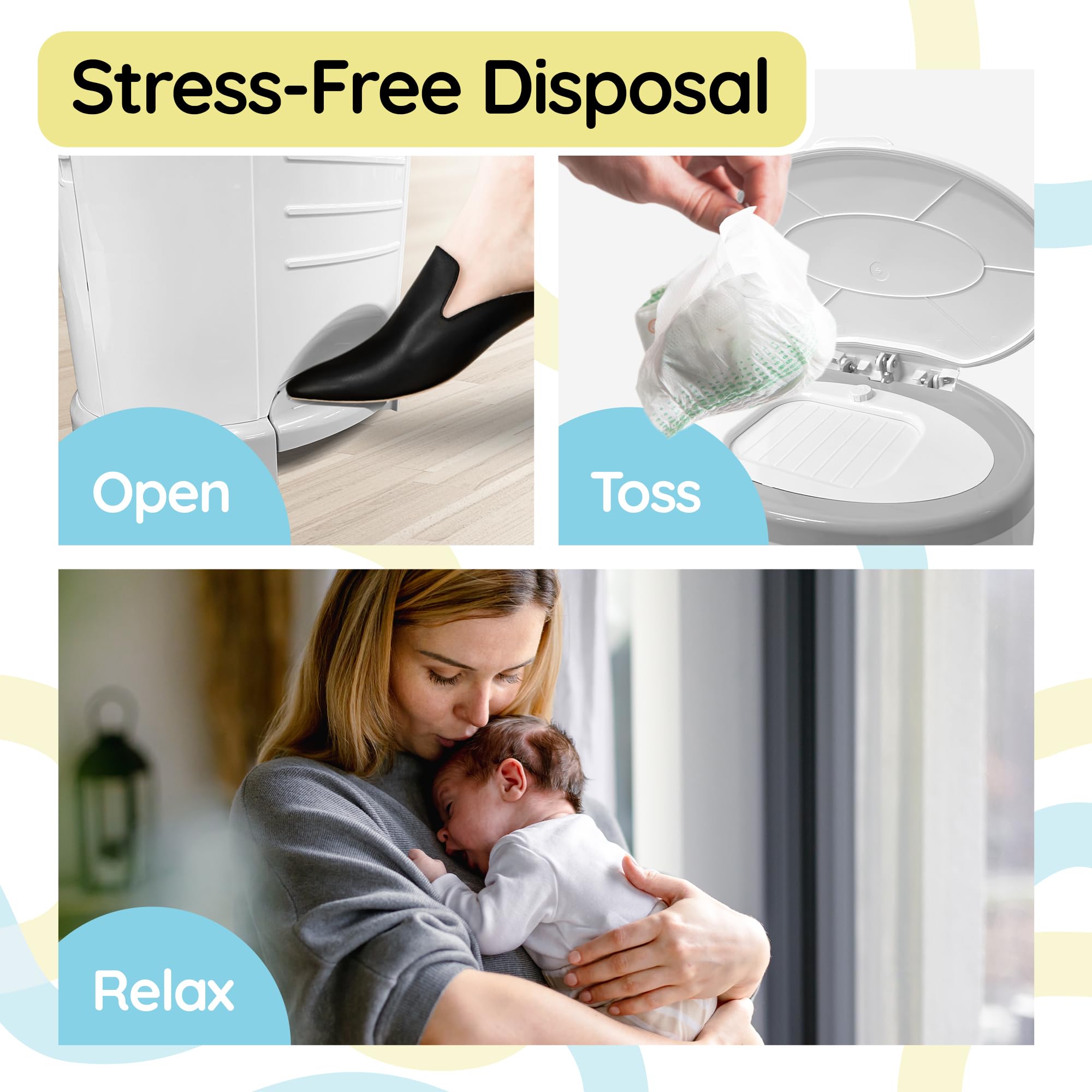 Reli Dekor Classic compatibility enables hands-free diaper disposal.