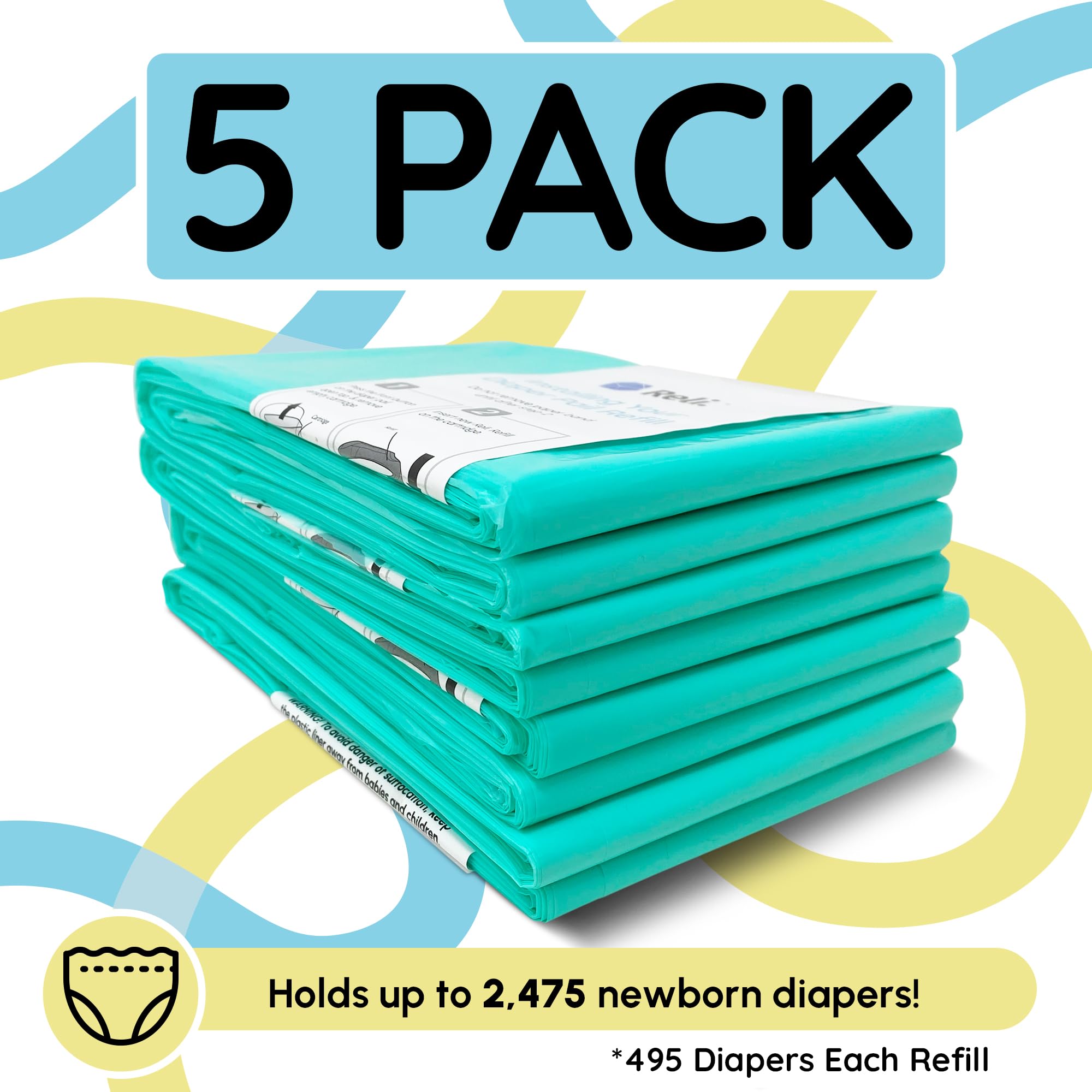Reli diaper pail refills hold up to 2,475 newborn diapers.