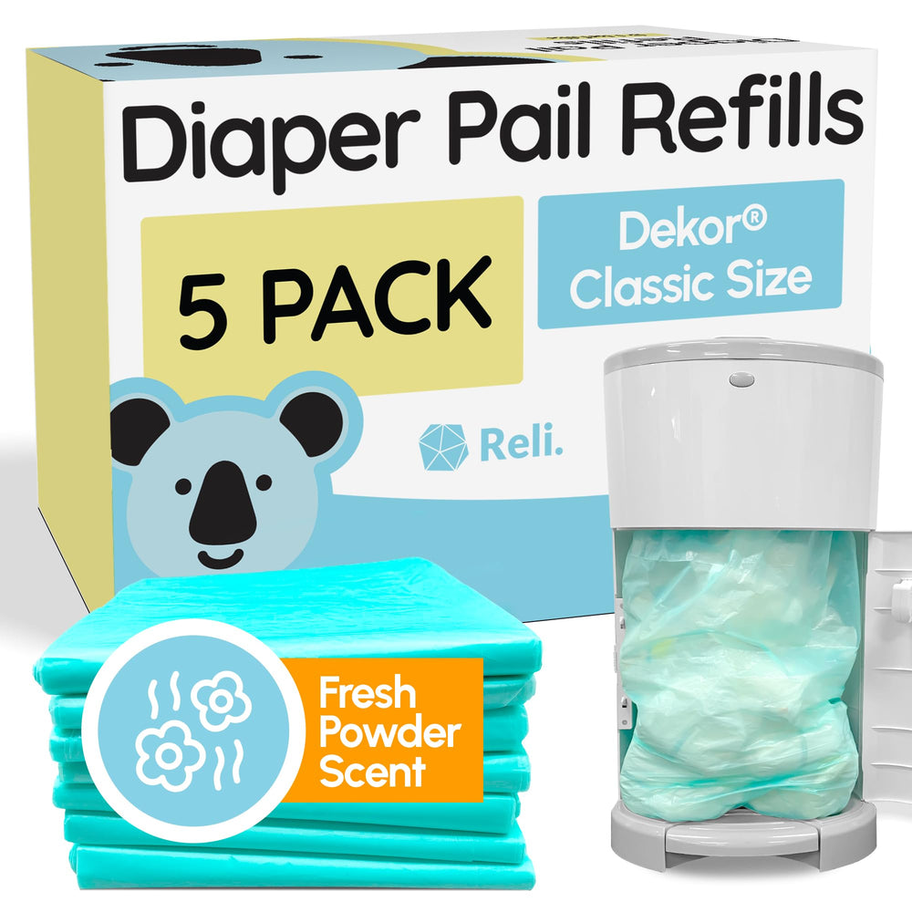 Reli diaper pail refill 5-pack with powder fresh scent for odor blocking.