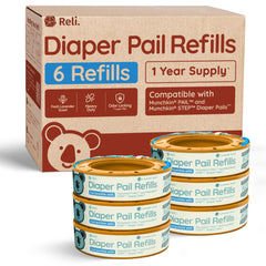 Reli diaper pail refill 6-pack box shows tidy packaging for convenient restocking.