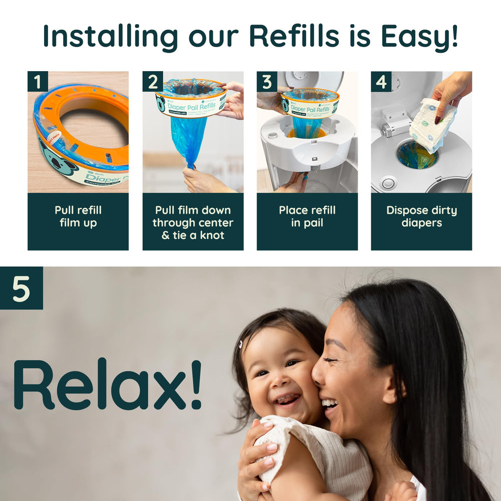 Reli diaper pail refill compatible with Munchkin STEP pails for easy swap.