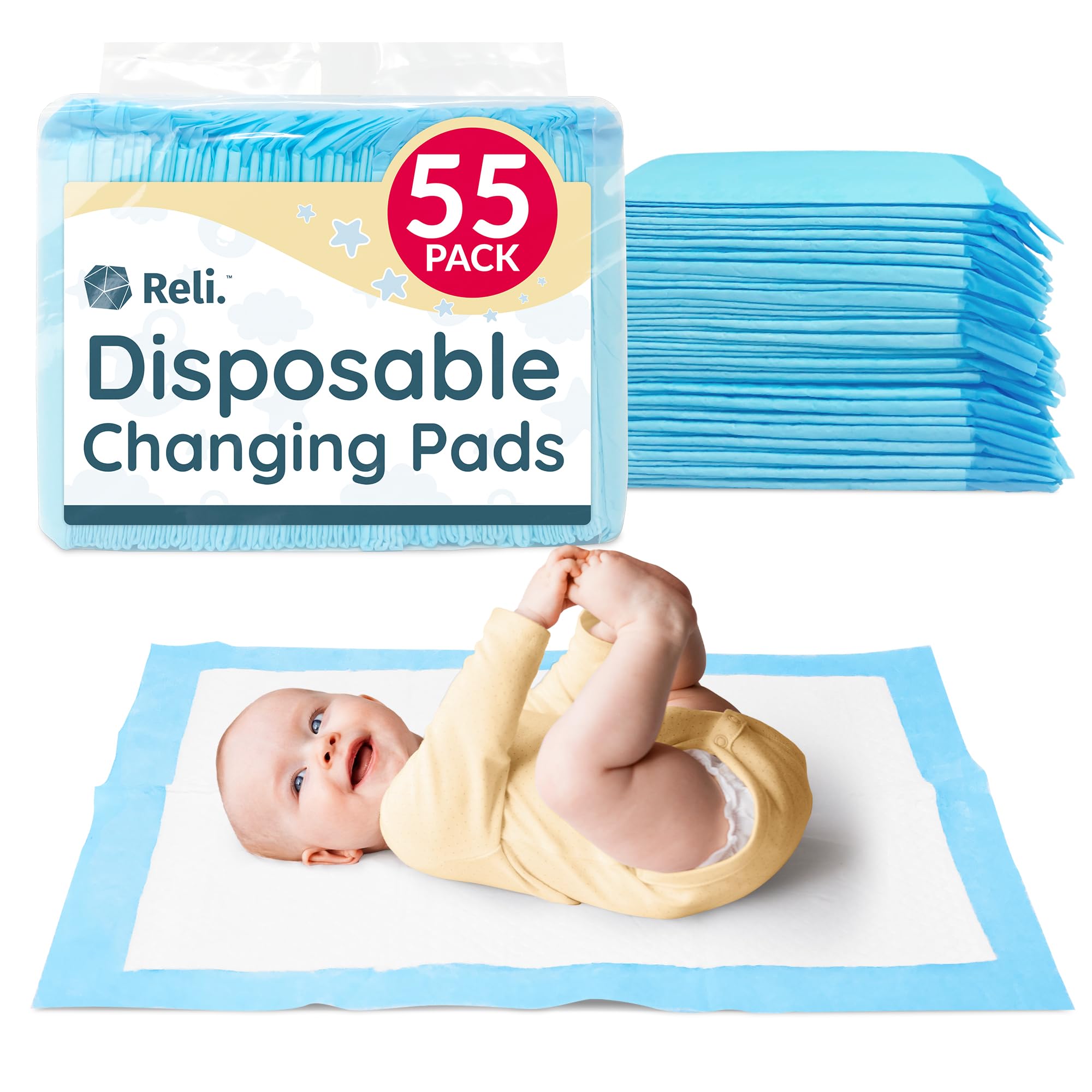 Reli disposable changing pad 55-pack front view for easy diaper changes.