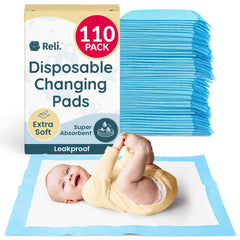 Reli disposable changing pads 110-pack on a changing table offer tidy, mess-free diaper changes.
