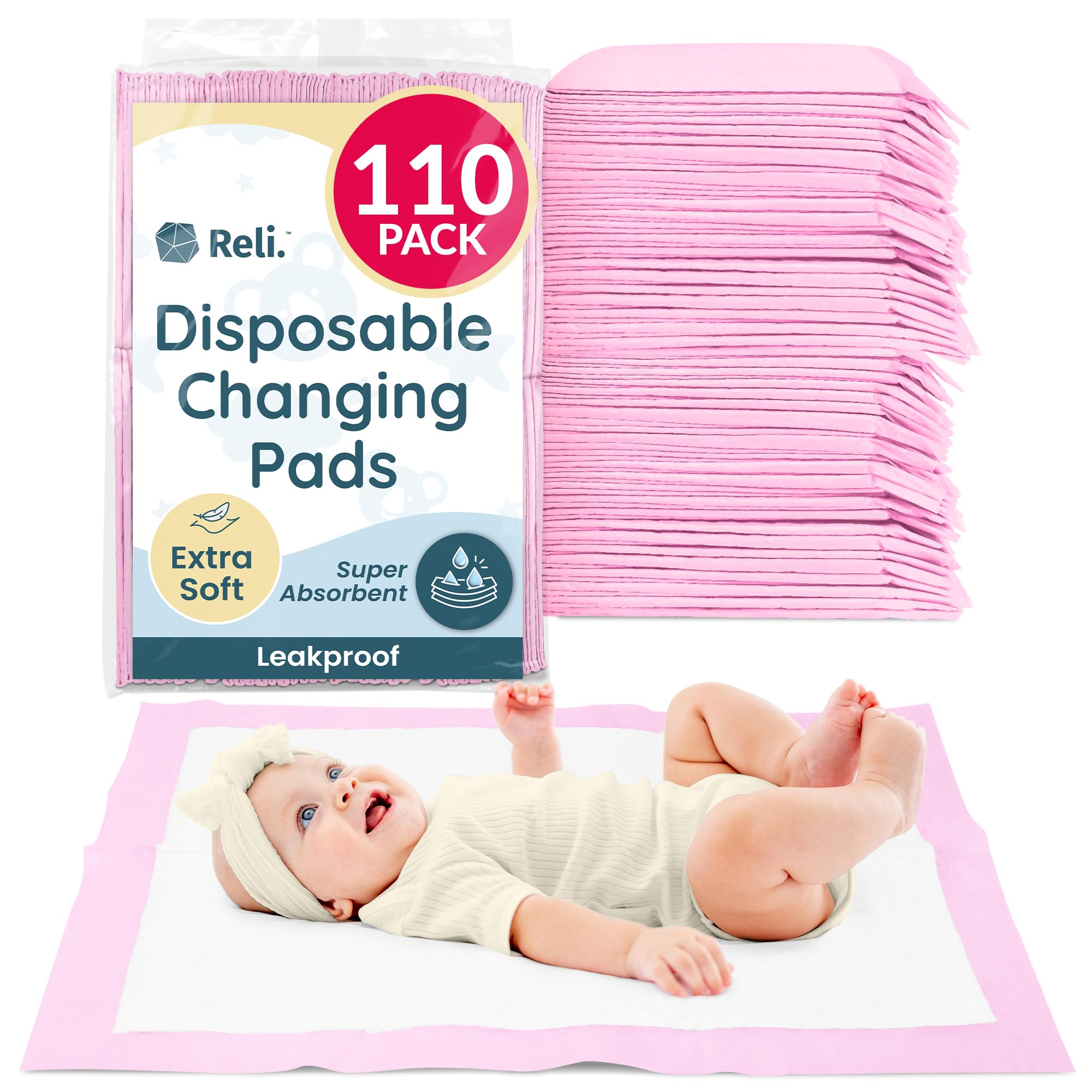 Reli disposable changing pads front view shows a compact 110-pack for on-the-go diaper changes.