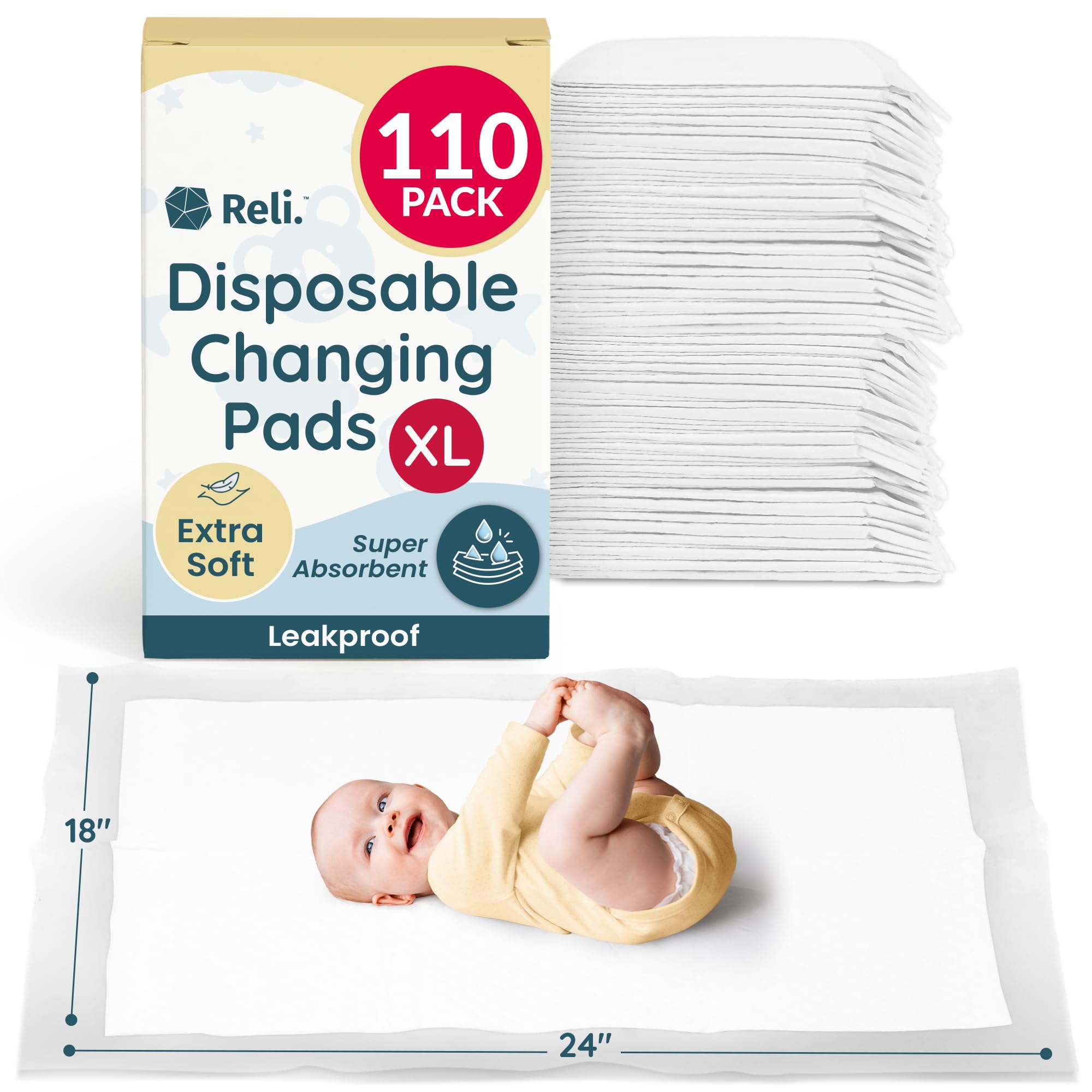 Reli disposable changing pads baby 110 pack 18x24 flat lay for quick diaper changes