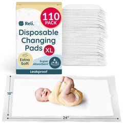 Reli disposable changing pads baby 110 pack 18x24 flat lay for quick diaper changes