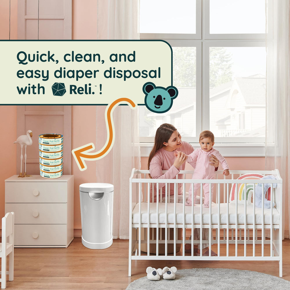 Reli easy replacement action demonstrates effortless changeover for quick diaper duties.