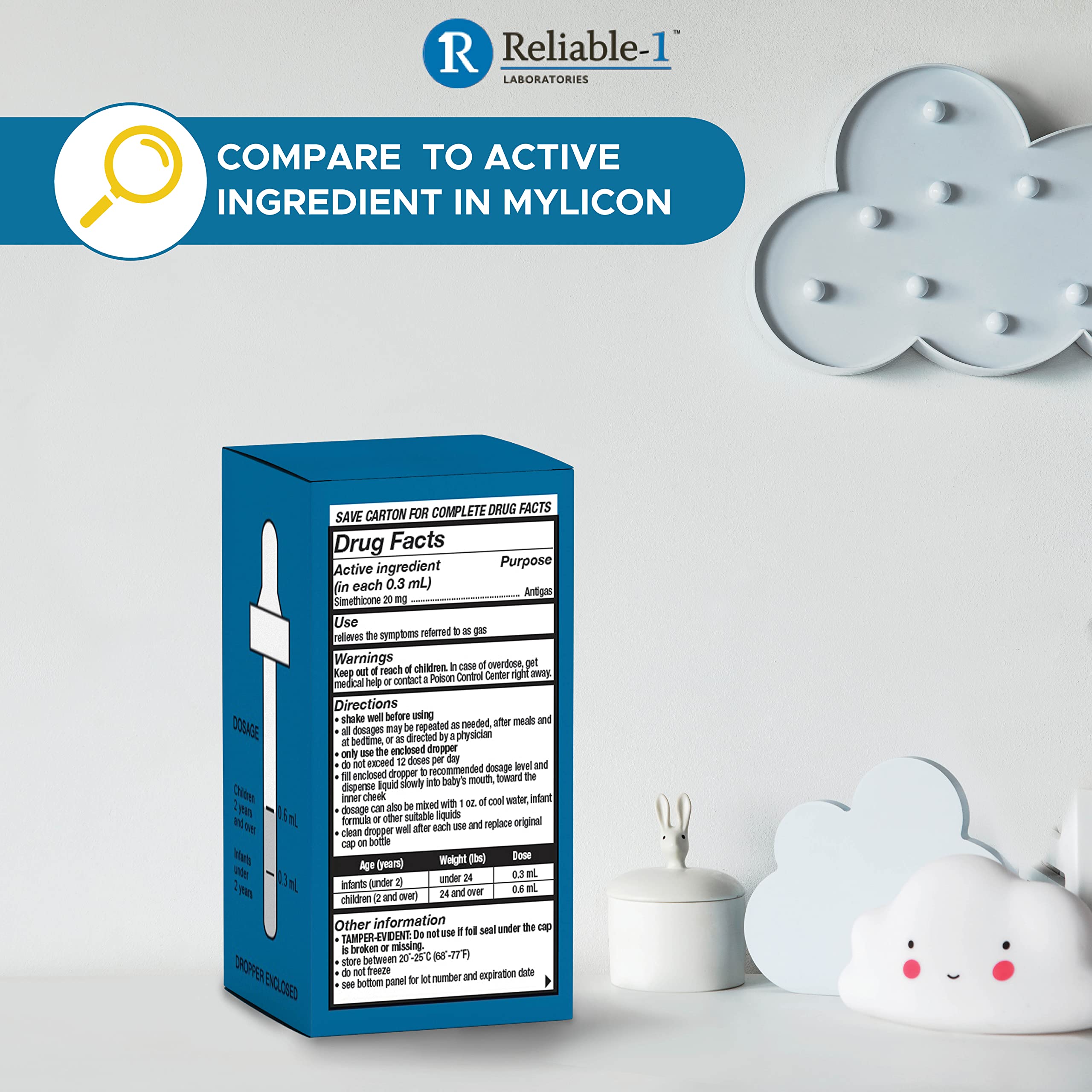Reliable-1 Laboratories newborn-safe gas drops packaging ready for quick, gentle dosing.