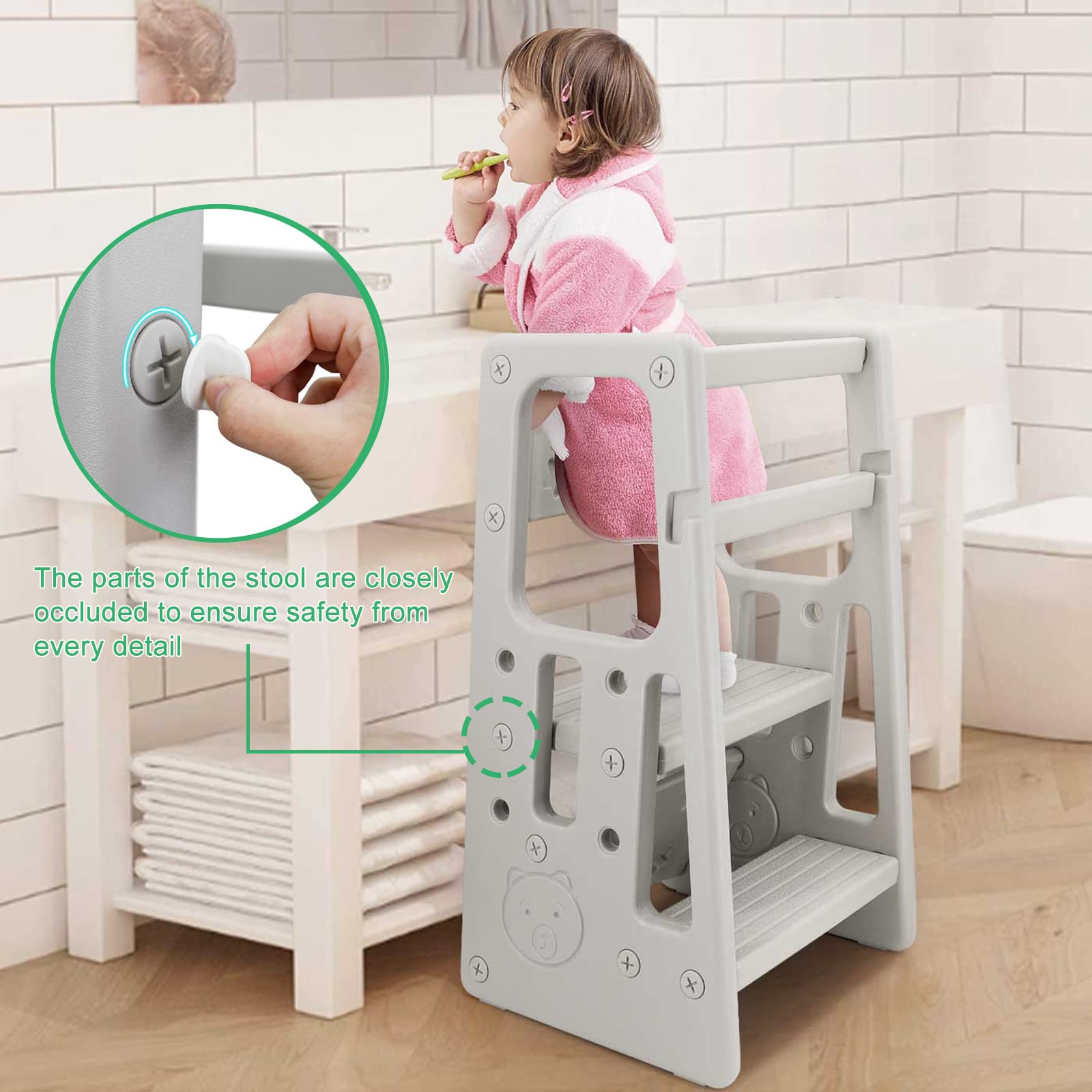 Reliancer Stool in bathroom supports handwashing and teeth brushing at safe heights