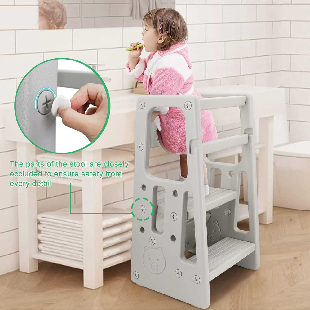 Reliancer Stool in bathroom supports handwashing and teeth brushing at safe heights