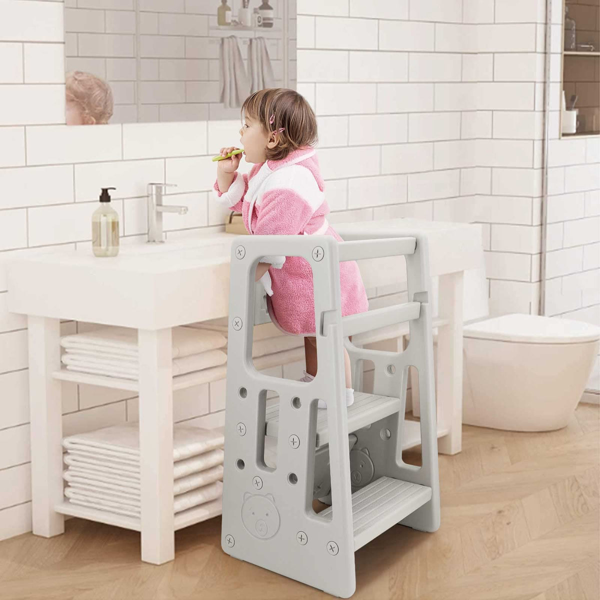 Reliancer Nursery Step Stool front view shows adjustable height platform for toddlers