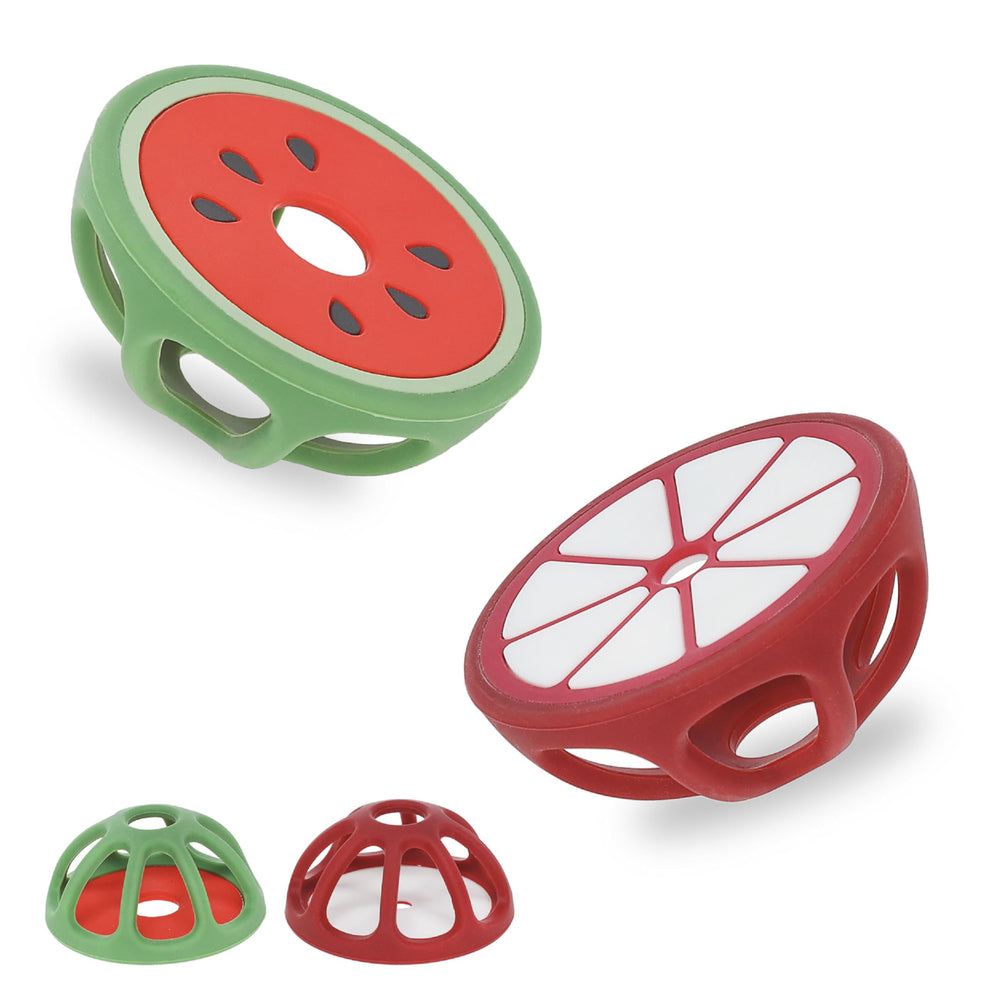 Relive mangosteen-watermelon silicone teether front view for calming teething sessions