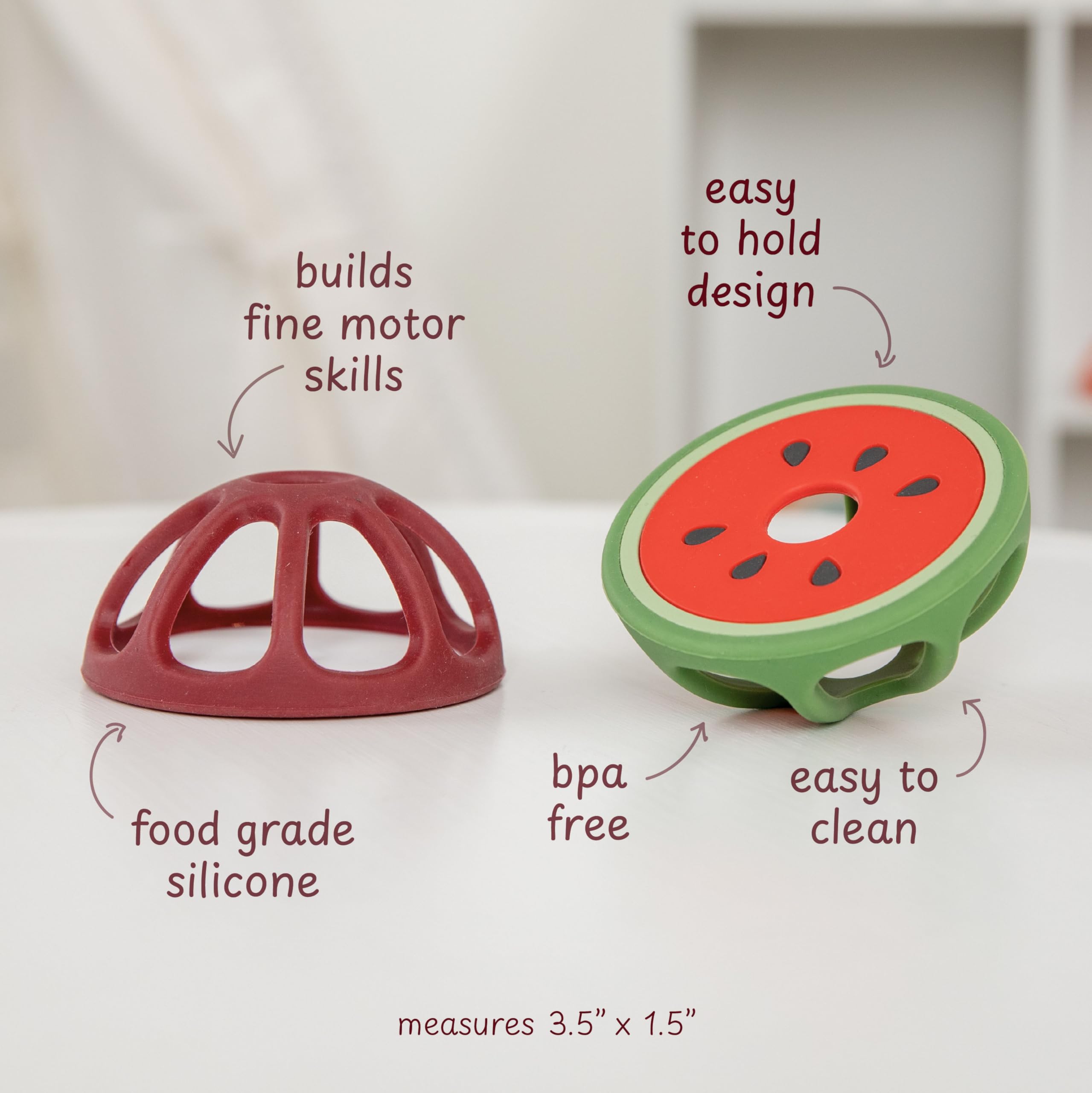 Relive mangosteen-watermelon teether side-hold demonstrating easy grip for small hands