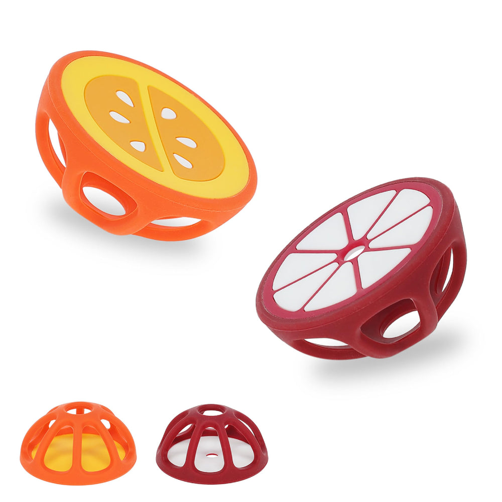 ReLIVE orange and mangosteen silicone teether in front view for easy gripping.