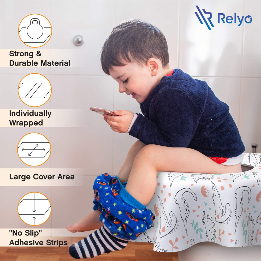 Relyo extra-large fit covers standard to XL toilet seats for full coverage.