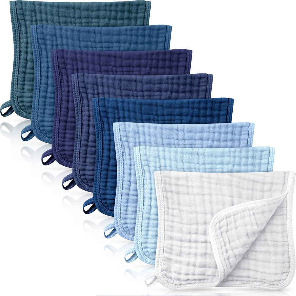 Remagr 8-pack muslin burp cloths flatlay shows soft cotton and color variety for daily use.