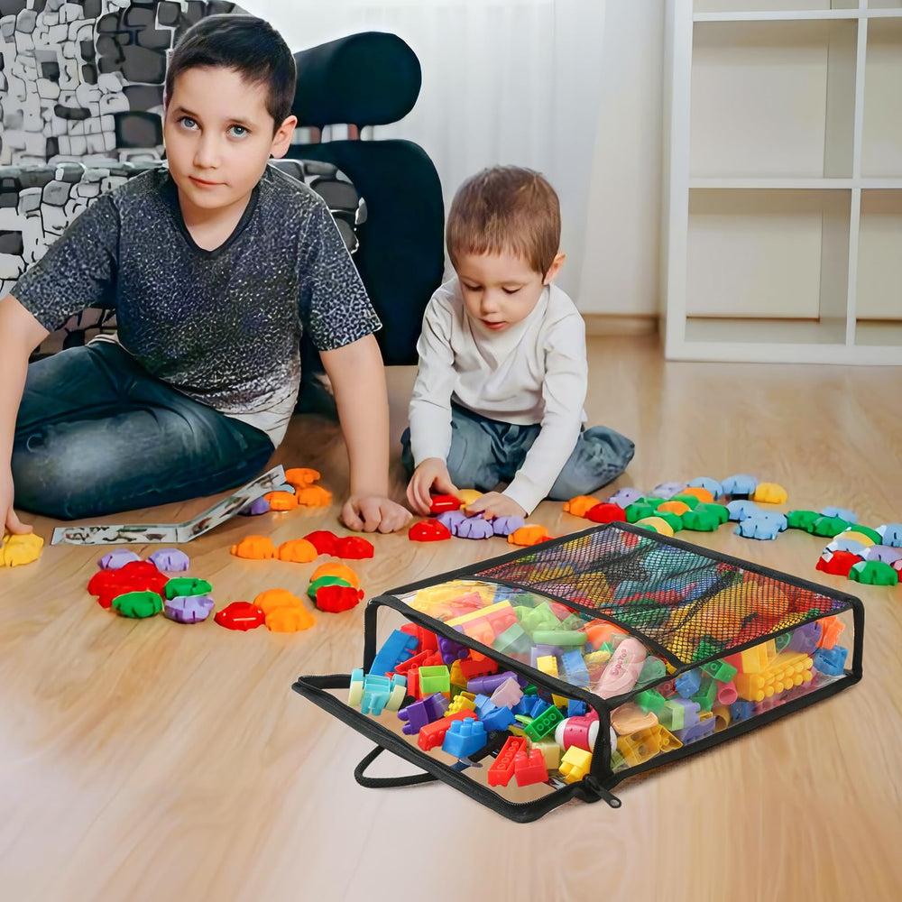 Remittur clear toy bags in the playroom help keep items organized.