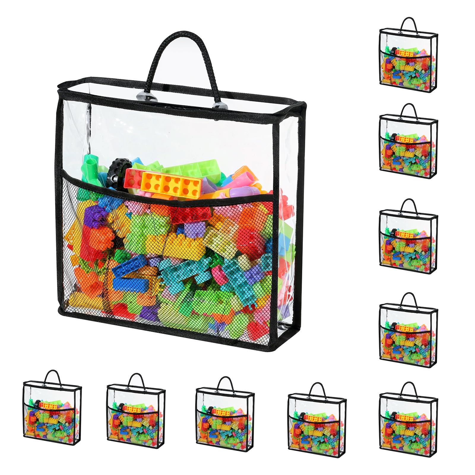 Remittur toy storage bags see-through panels for quick toy identification during playtime.