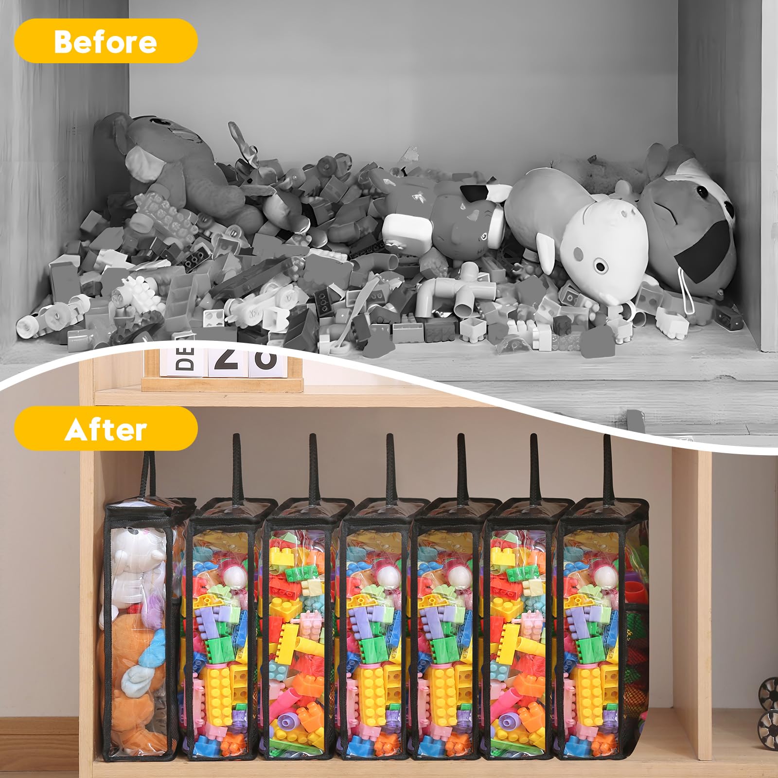 Remittur toy storage bags with a side pocket hold instruction sheets for easy setup.