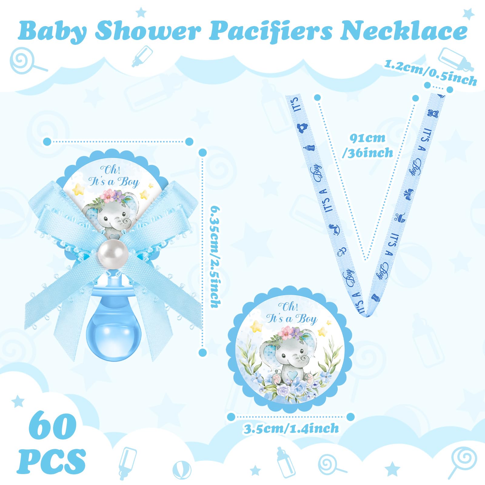 Remuuly elephant blue close up pacifier necklace, smooth acrylic charm for celebrations