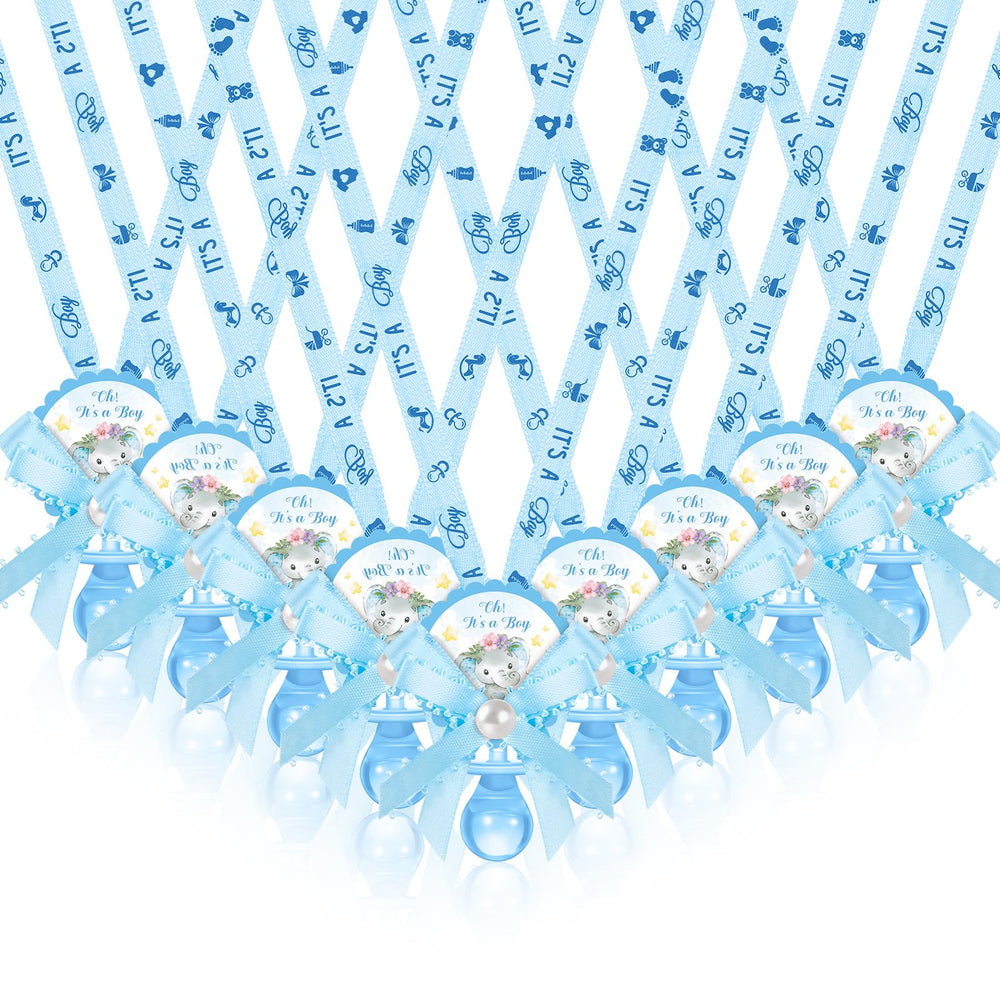 Remuuly pacifier necklace elephant blue flatlay, durable acrylic party favor for baby showers