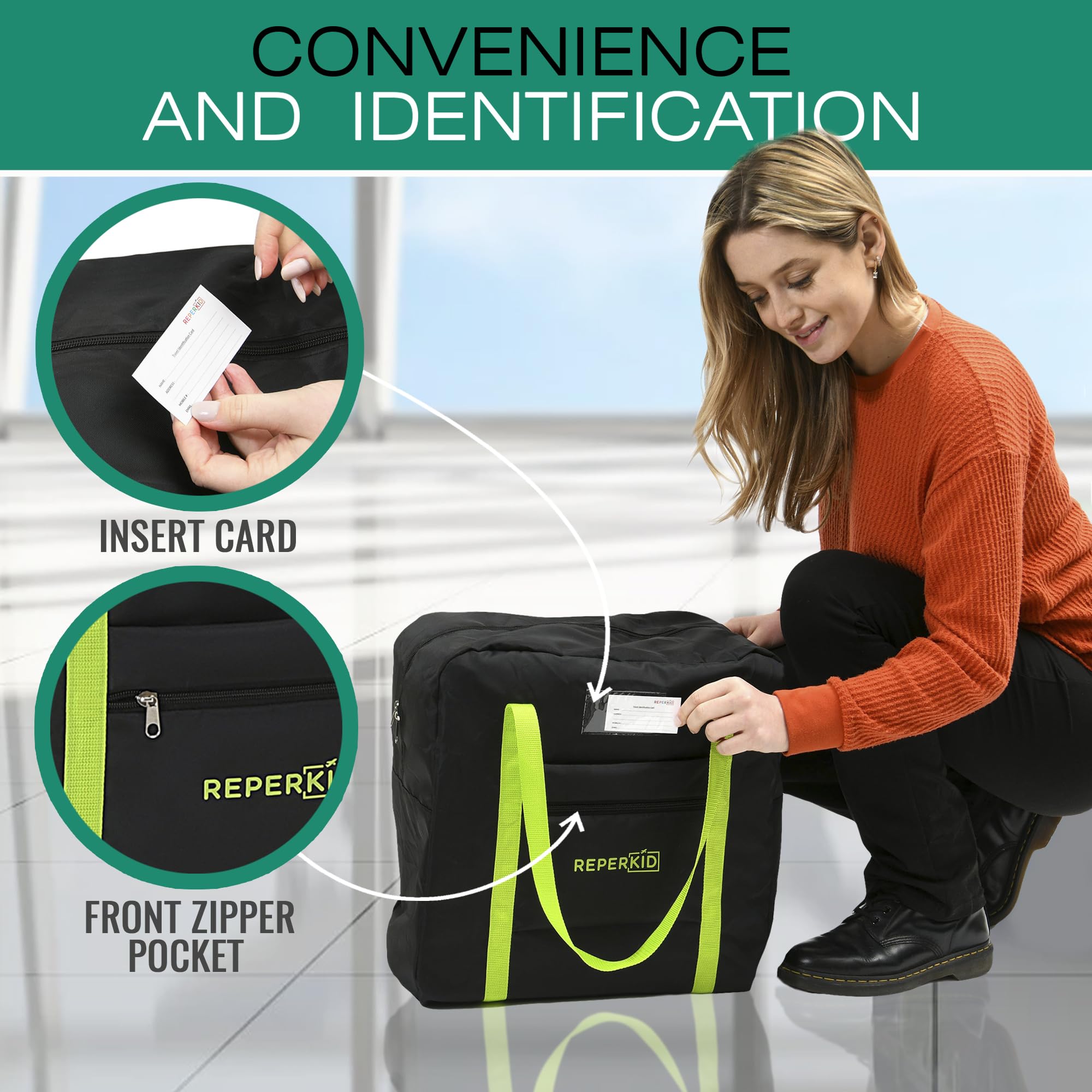Reperkid booster seat travel bag zipper closeup emphasizing secure closure