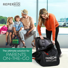 Reperkid car seat travel bag shows adjustable shoulder strap for comfortable airport carry