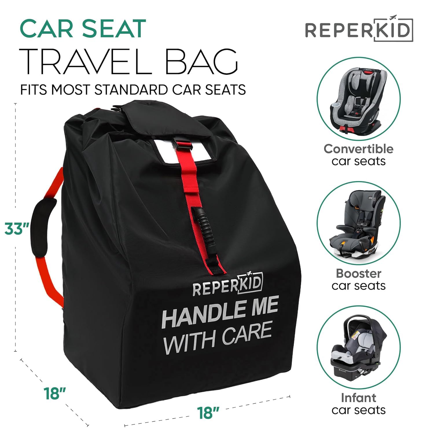 Reperkid universal-fit 33x18x18 bag accommodates most convertible and infant seats