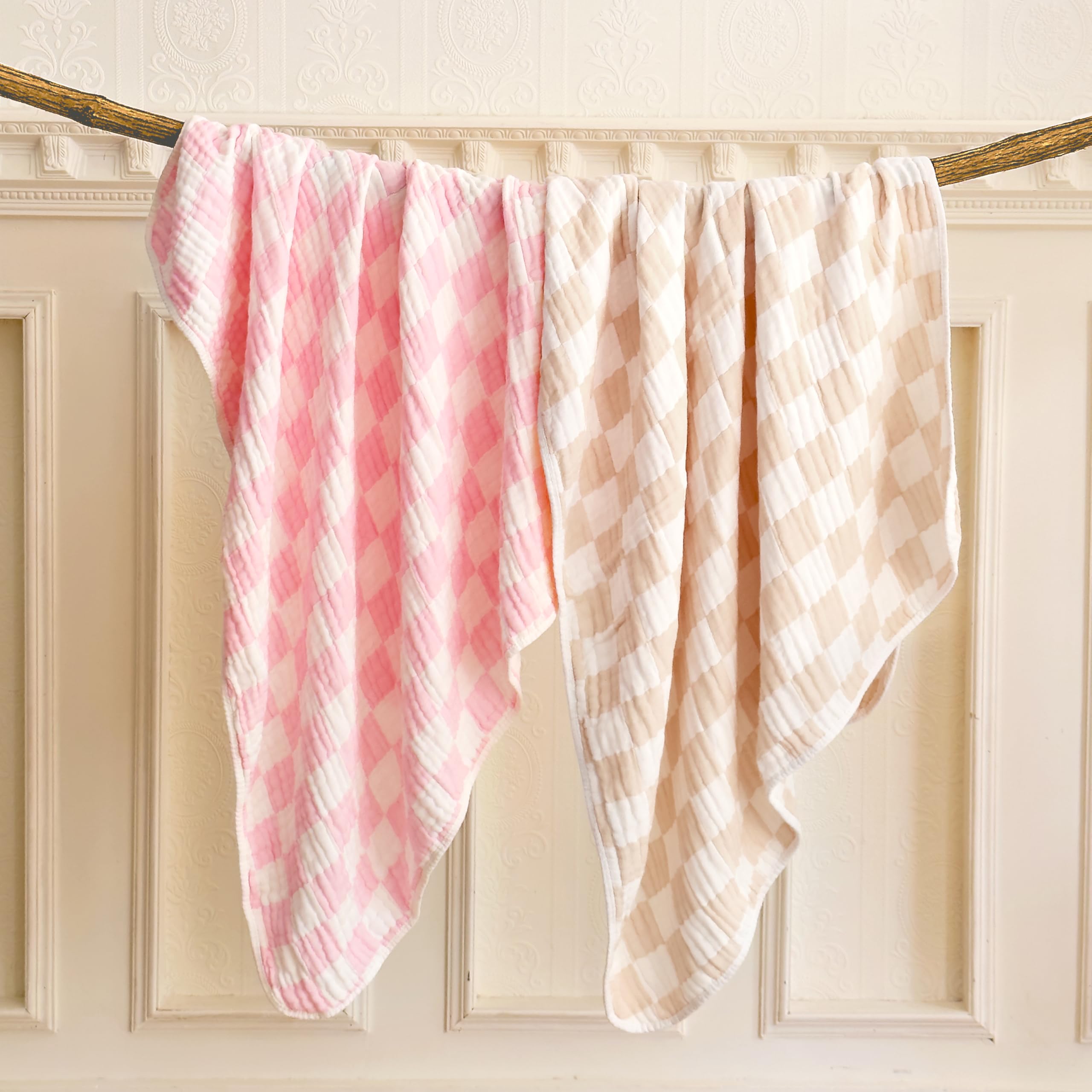 REPRECONF two-pack muslin blankets shown folded, highlighting convenient spare on wash days