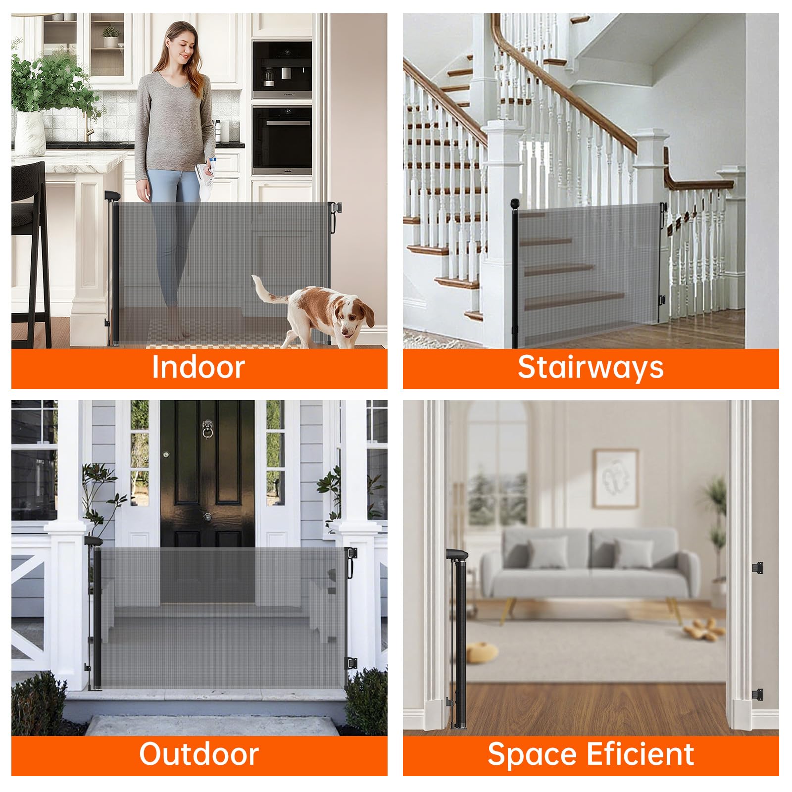Retractable Safety Gate scratch resistant mesh resists claws while protecting pets and kids.