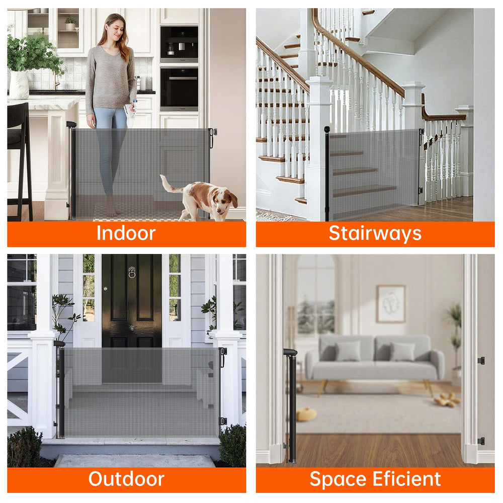 Retractable Safety Gate scratch resistant mesh resists claws while protecting pets and kids.