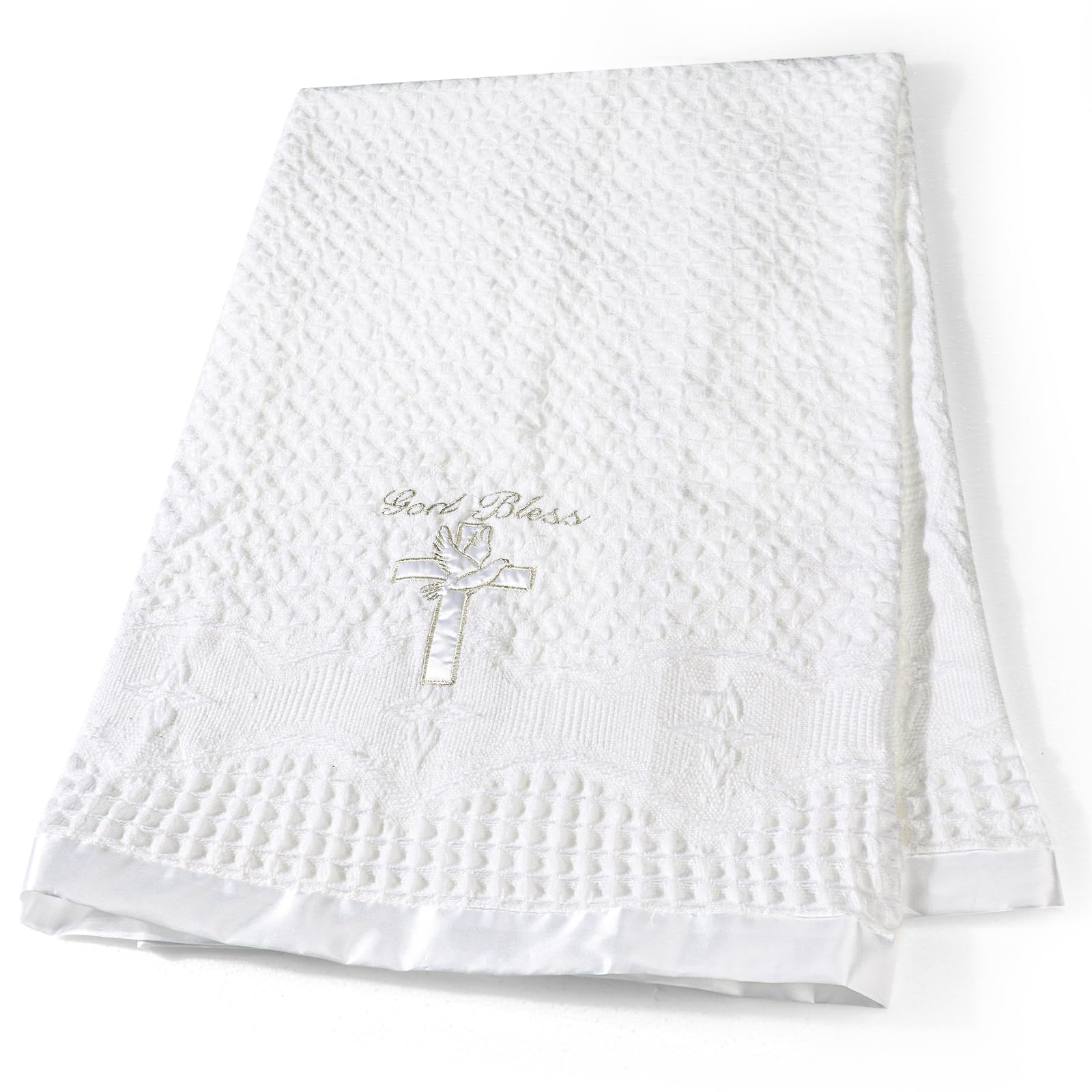 Runeaoys baptism blanket with cross-dove embroidery for elegant baptism photos