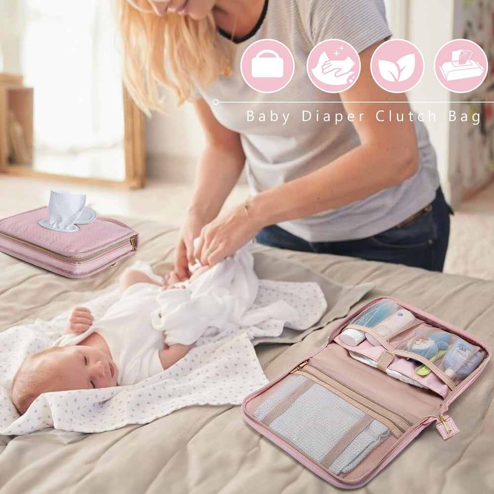 Rexmica diaper clutch with swivel-hook handle adds versatile stroller attachment