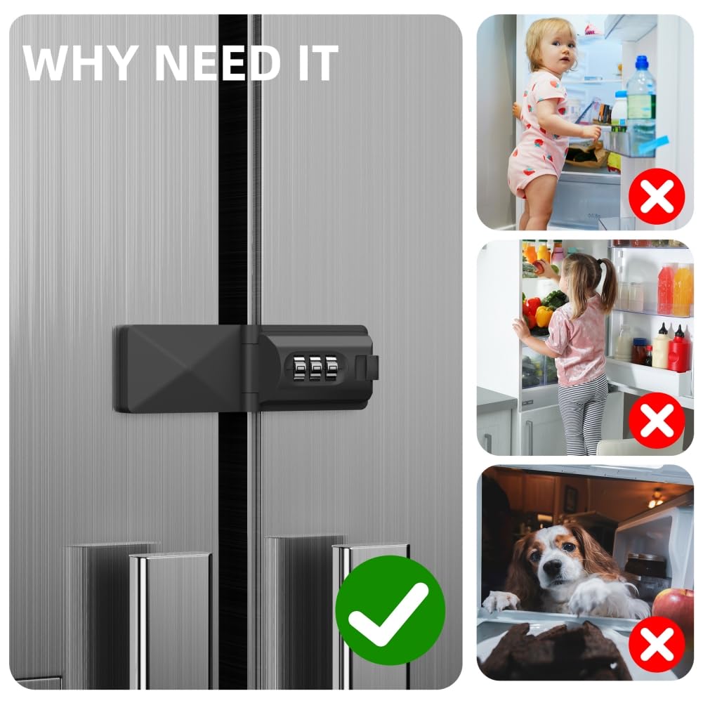 REZIPO black fridge lock installed on a stainless kitchen fridge