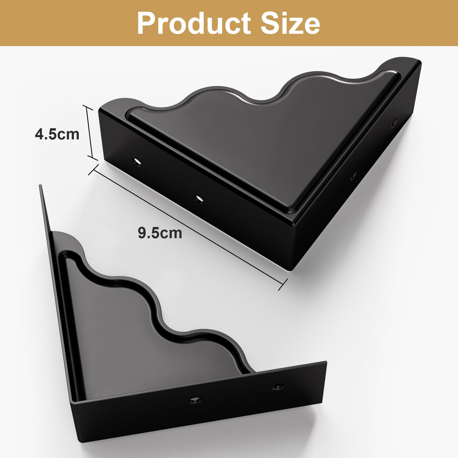 RFORPLY table corner protector closeup shows black metal silhouette with sleek arc for durable edge protection.