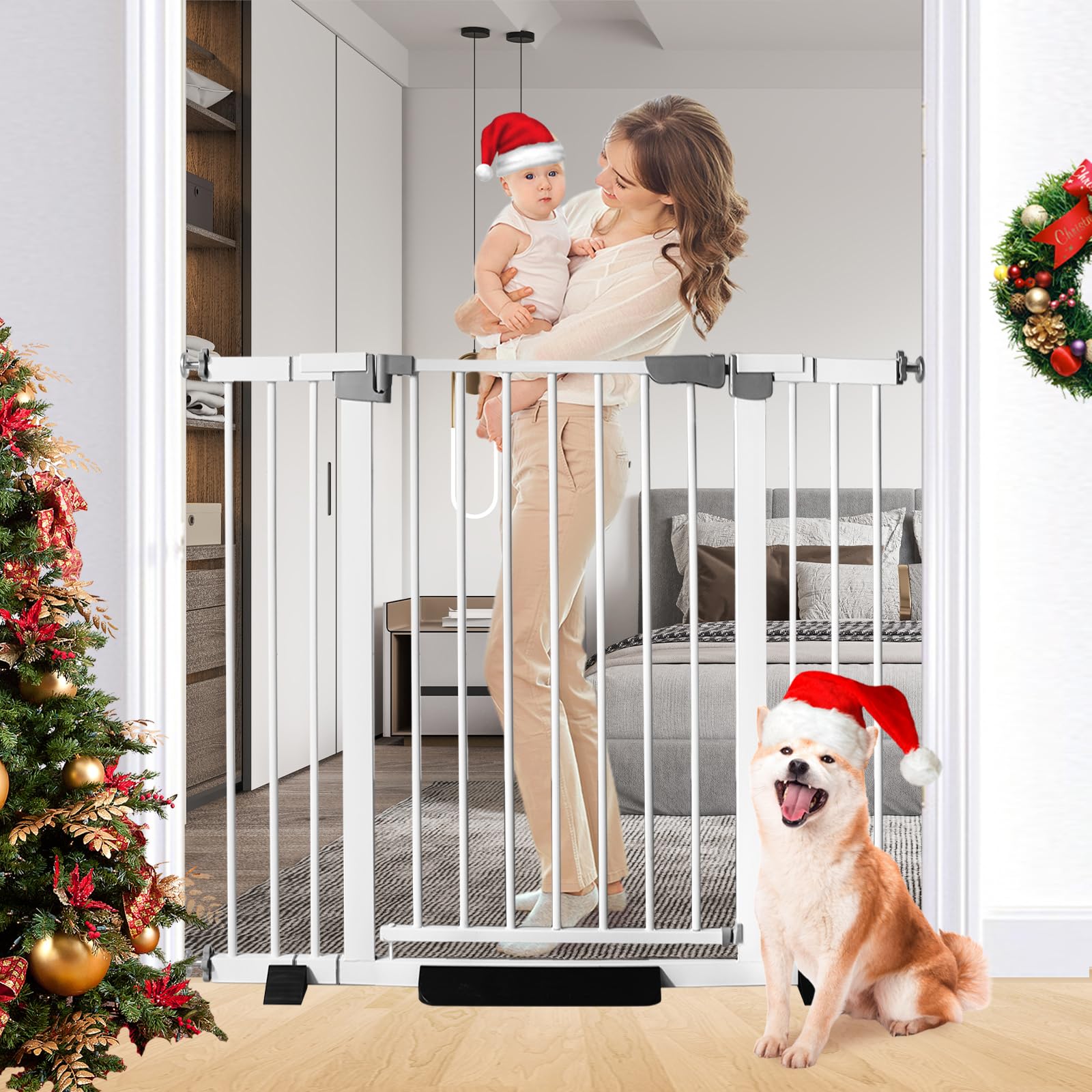 Rgqphantom 41-inch tall pet gate on stairs provides secure stair access.