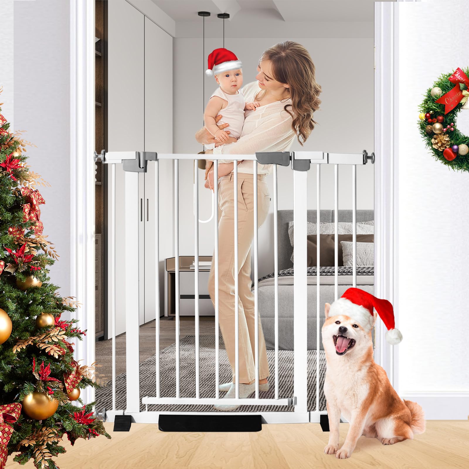Rgqphantom 41-inch tall gate closed to secure stairs for pets.