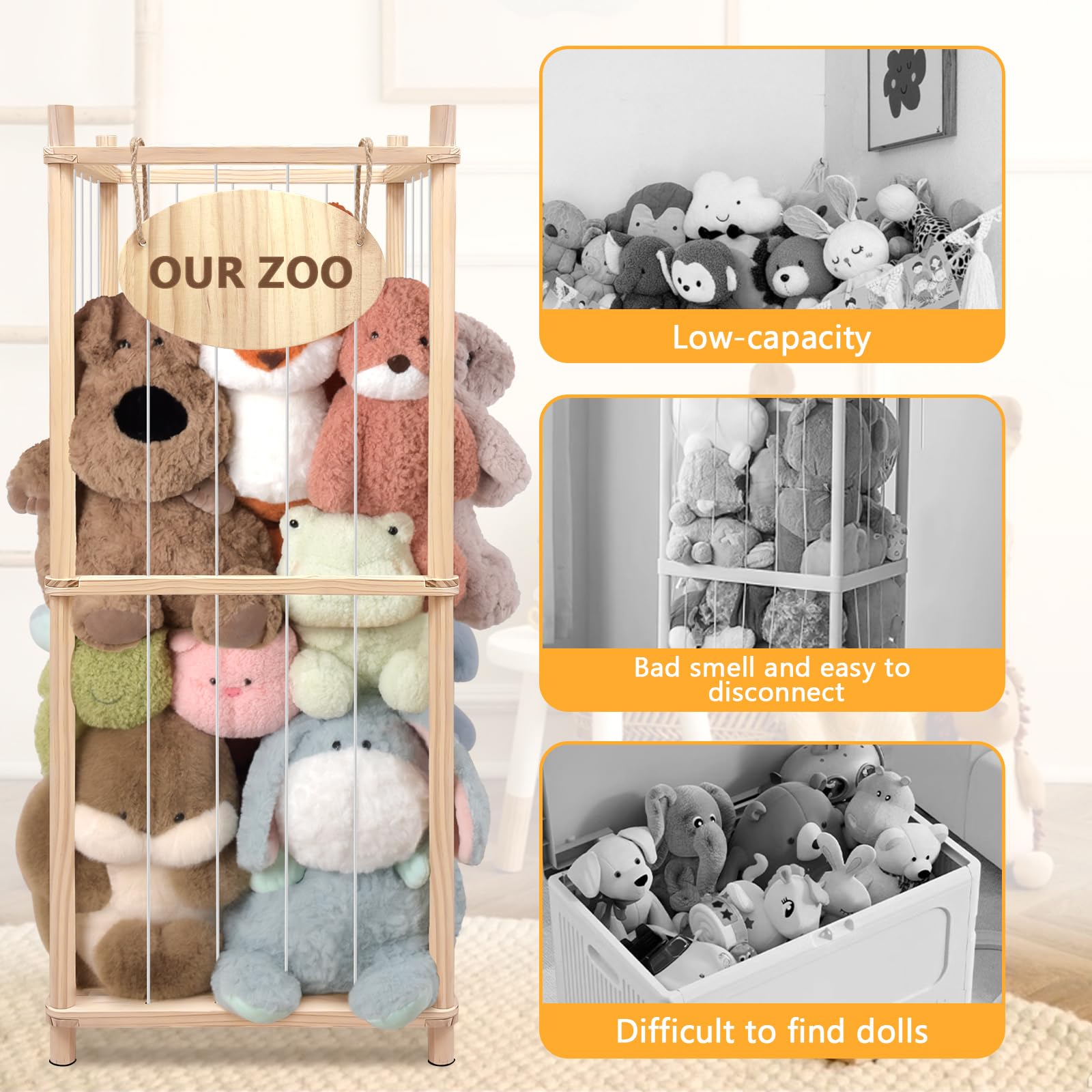 Rhyzoray organizer dimensions 15.7 x 15.7 x 37 inches for over 40 plush toys.